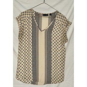 7th Avenue New York & Co Tan and Black Graphic Blouse Shortsleeve Size Medium